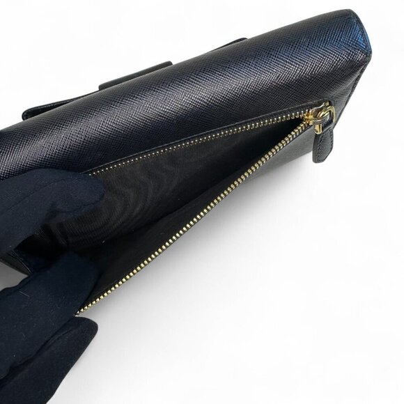 Prada Women's Long Saffiano Black Leather Bifold Ribbon Wallet - Picture 12 of 16